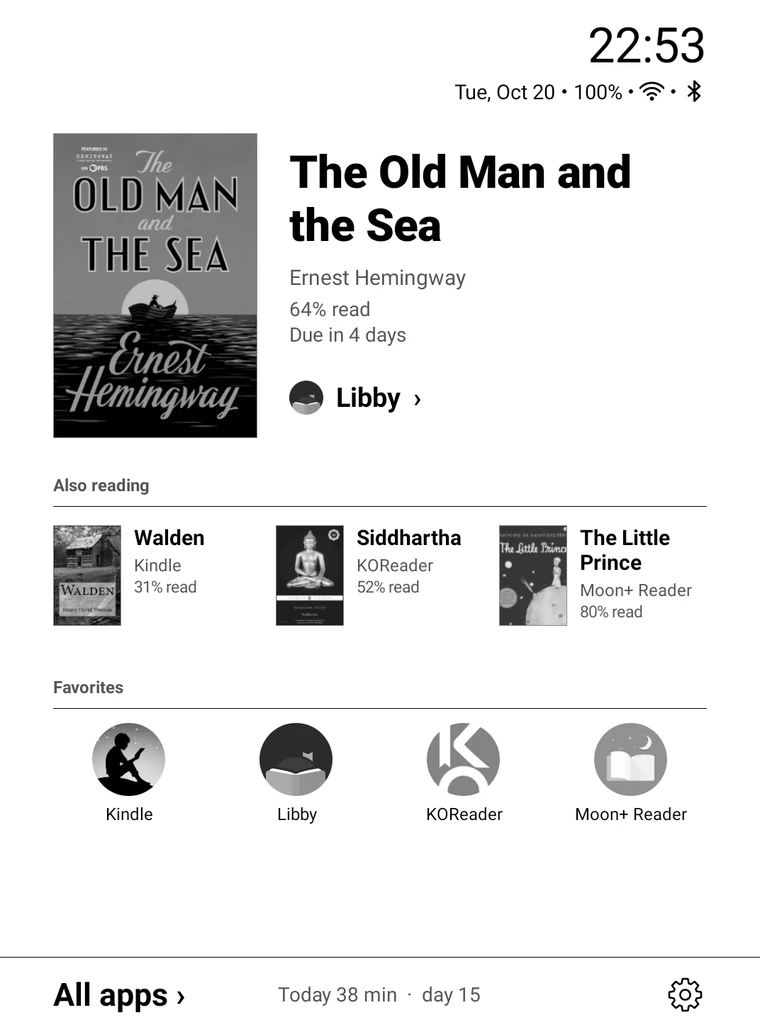 Home screen on the Crema Pebble: The Old Man and the Sea, three more books, favorite apps, today 38 min · day 15
