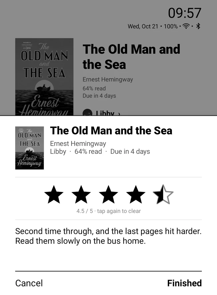 Rating and notes when finishing a book: four and a half stars, two lines of notes, Cancel and Finished