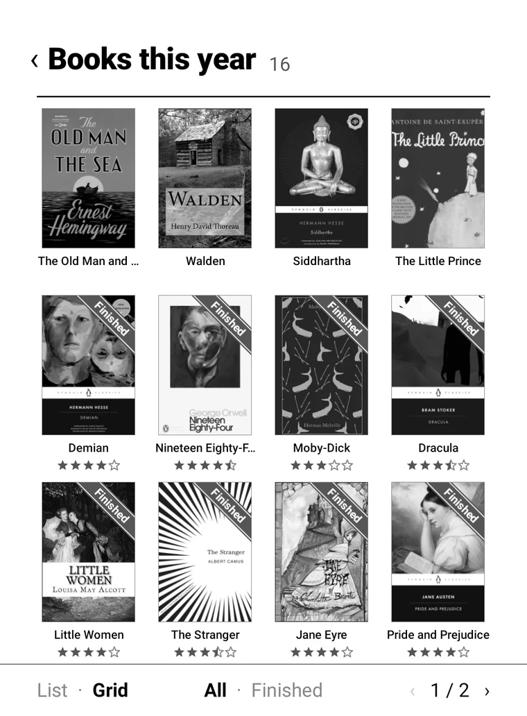 Books this year: 16 covers in a grid, finished books banded and rated